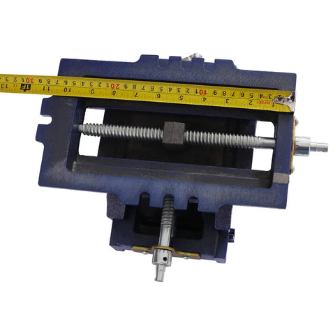 Six Inch Cross Slide Vise For Drill Press And Benchtop Milling with measuring tape, showcasing smooth XY motion and cast iron body.