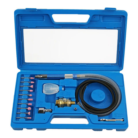 Air Powered Pencil Die Grinder Kit Pumping 65000 Rpm Beefed Up Torque With Ergonomic Pen Grip and lightweight aluminum body in blue toolbox with accessories.