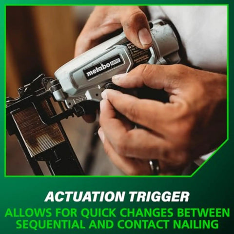 Hands adjusting actuation trigger on Pro Grade Finish Stapler for Trim and Furniture, 18 Gauge Pneumatic Nailer, all metal