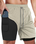 Men's 2 In 1 Running Shorts With Built In Liner Quick Dry Training Gear Zip Pockets And Towel Loop Lightweight in Khaki