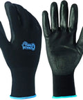 5 Pack Heavy Duty Work Gloves Large Size With Never Slip Grip Nylon Dipped Coating shown flat with logo, ideal for any gig or DIY project.
