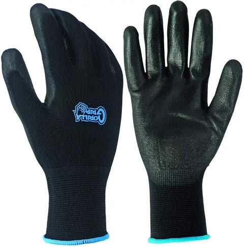 5 Pack Heavy Duty Work Gloves Large Size With Never Slip Grip Nylon Dipped Coating shown flat with logo, ideal for any gig or DIY project.