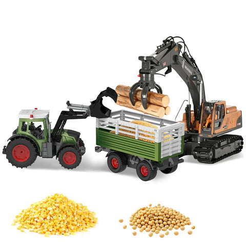 Remote Control Tractor With Dump Trailer And Front Loader, 2.4GHz RC Tractor Toy With Realistic Lights, 8 Wide Wheels, Easy Drive And Remote Dumping, Farm Toy For Kids Ages 3 And Up with logs and grains