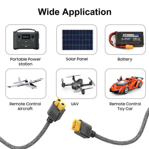 Diagram showing XT60 Male To XT60 Female Extension Cable 10 Ft 3 M Charging Cable For Solar Generators and various devices