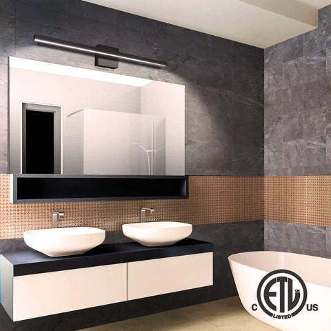 Bathroom with 31.5 Inch Dimmable Black Vanity Light Over Mirror With 18W LED And 5CCT Color Temp Adjustments, ETL Certified.