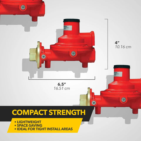Two red aluminum Fairview GR-918C compact propane regulators; female POL inlet and 1/2 in NPT outlet