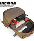 Compact 12L Tactical Backpack For Outdoor Adventures with open compartments showing stored items, tan 600D nylon