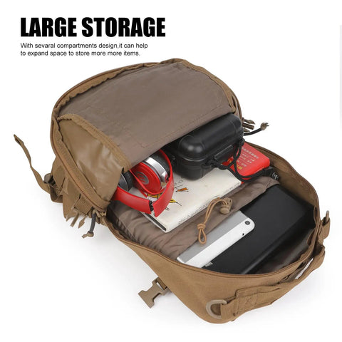 Compact 12L Tactical Backpack For Outdoor Adventures with open compartments showing stored items, tan 600D nylon