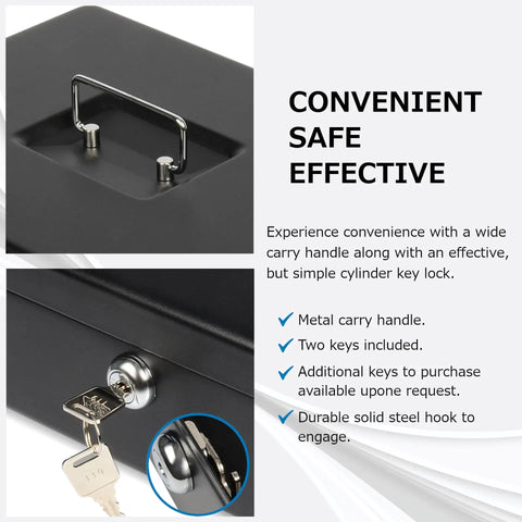 Lockable Cash Box With Coin Tray Durable Metal Money Box With Key Lock for bills and change with handle and key close-up