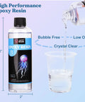 Bottle of epoxy resin and measuring cup pouring resin, labeled as 6.2 inches high, 2 inches wide, for coaster making kit with epoxy resin 16oz molds mica powder gold flakes mixing cups gloves and more the ultimate DIY resin kit for adults beginners and craft lovers gift set.