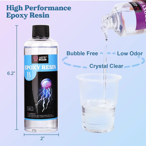 Bottle of epoxy resin and measuring cup pouring resin, labeled as 6.2 inches high, 2 inches wide, for coaster making kit with epoxy resin 16oz molds mica powder gold flakes mixing cups gloves and more the ultimate DIY resin kit for adults beginners and craft lovers gift set.