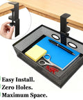 360 Degree Clamp-On Under Desk Swivel Organizer With No-Drill Install Sturdy Mesh Drawers shown attached to desk, holding office supplies.