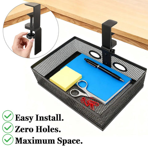 360 Degree Clamp-On Under Desk Swivel Organizer With No-Drill Install Sturdy Mesh Drawers shown attached to desk, holding office supplies.