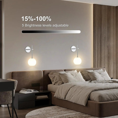Chrome Battery Operated Wall Sconces Set of 2, Rechargeable Wireless Wall Lights with Milky White Frosted Glass, 12 RGB and 3CCT Dimmable, Wall Lamps with Remote for Bedroom Living Room Hallway, adjustable brightness levels.