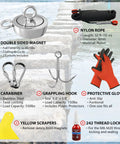 Silver double-sided fishing magnet kit with 32 ft nylon rope, carabiners, grappling hook, and orange protective gloves