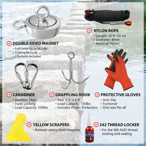 Silver double-sided fishing magnet kit with 32 ft nylon rope, carabiners, grappling hook, and orange protective gloves