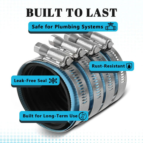 40 Piece Heavy Duty No Hub Pipe Couplings With Stainless Steel Clamps And Five Inch Blue Rubber Sleeve, showing rust-resistant clamps and leak-free seals.