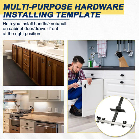 Installation guide showing All Metal Adjustable Cabinet Hardware Jig With 5mm And 4mm Drilling Templates in use for cabinet doors