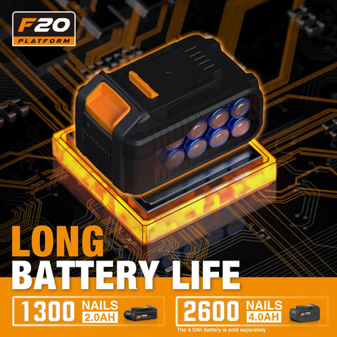 Battery illustration for cordless 20 Volt 16 gauge finish nailer tool only with 1300 shots per charge and 90 pieces per minute