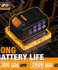 Hardcore 20V Cordless Fencing Stapler Kit Bundled With 16 Gauge 1 Inch Staples And Rock Solid 2AH Battery Plus Fast Charger And Roomy Tool Bag For Roughneck Builders with a close-up of long-lasting 2AH battery.