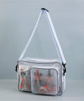 No Sweat Top Tier Cleanroom Tool Bag Crossbody Bag Solid Gear Holder For Tech Crews And Site Pros With Quick Snap Access And Tough PVC Craftsmanship Right On The Go, clear PVC bag with tools visible inside.