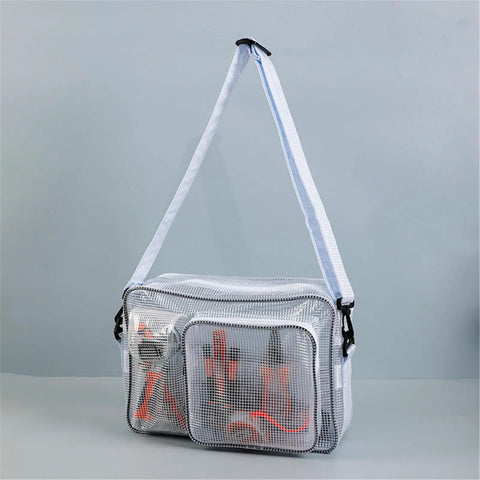 No Sweat Top Tier Cleanroom Tool Bag Crossbody Bag Solid Gear Holder For Tech Crews And Site Pros With Quick Snap Access And Tough PVC Craftsmanship Right On The Go, clear PVC bag with tools visible inside.