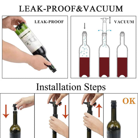 Installation instructions for Keep Wine Fresh Up To 7 Days With This Reusable Vacuum Pump And Four Stopper Set, showing pump and stopper use.