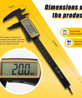 Pro Grade Digital Caliper With Large LCD Screen For Quick Inside Outside Depth And Step Measurements 0 To 6 Inches 150mm Inch Metric Toggle Auto On Auto Off Carbon Fiber Body with dimensions shown
