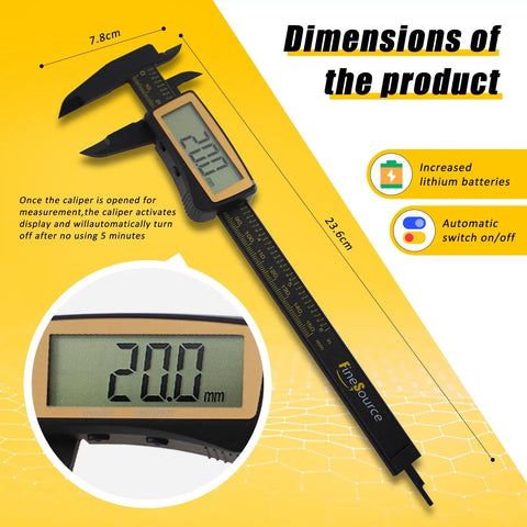 Pro Grade Digital Caliper With Large LCD Screen For Quick Inside Outside Depth And Step Measurements 0 To 6 Inches 150mm Inch Metric Toggle Auto On Auto Off Carbon Fiber Body with dimensions shown