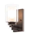 Dark Bronze Vanity Wall Light With Dual Glass Shades, 1 Light Hardwired Indoor Wall Sconce, side view showing design details.