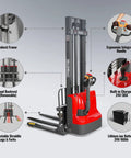 Top Rated MechMaxx 2640 Lb Lithium Ion Electric Straddle Stacker With 138 Inch Lift Height, showcasing adjustable legs and ergonomic handle.