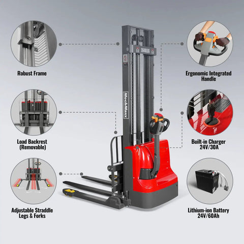 Top Rated MechMaxx 2640 Lb Lithium Ion Electric Straddle Stacker With 138 Inch Lift Height, showcasing adjustable legs and ergonomic handle.