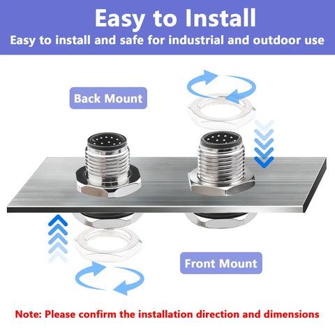 M12 12 Pin A Code Female Connector Cable 0.7 Foot IP67 with back and front mount installation options for industrial use.