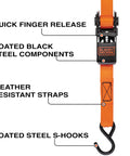Top Shelf Ratchet Tie Down Straps 1 Inch By 10 Feet 4 Pack No Sweat Truck Cargo Lashing Kit features quick finger release and coated black steel.
