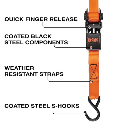 Top Shelf Ratchet Tie Down Straps 1 Inch By 10 Feet 4 Pack No Sweat Truck Cargo Lashing Kit features quick finger release and coated black steel.