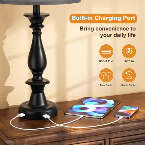 Modern USB Table Lamps Set Of 2 For Living Room And Bedroom With USB Charging Ports 28 Inch Desk Lamps For Nightstands Gray Finish Charges Phones And Tablets When Off Or On Easy Switch