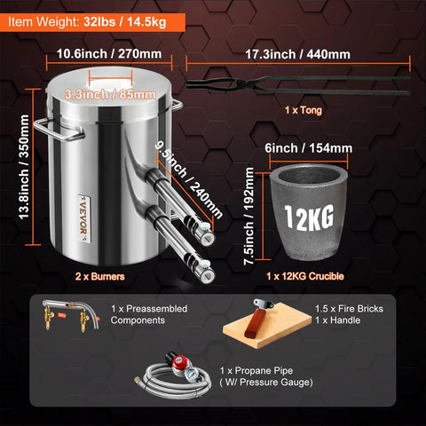 VEVOR 12KG propane melting furnace kit, stainless steel home foundry with two burners and 12KG crucible