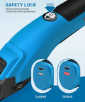 Vloxo 4 Volt Cordless Electric Cardboard Cutter Scissors Rechargeable Box Opener showing safety lock feature in blue handle.