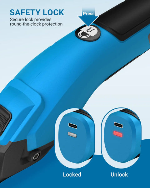 Vloxo 4 Volt Cordless Electric Cardboard Cutter Scissors Rechargeable Box Opener showing safety lock feature in blue handle.