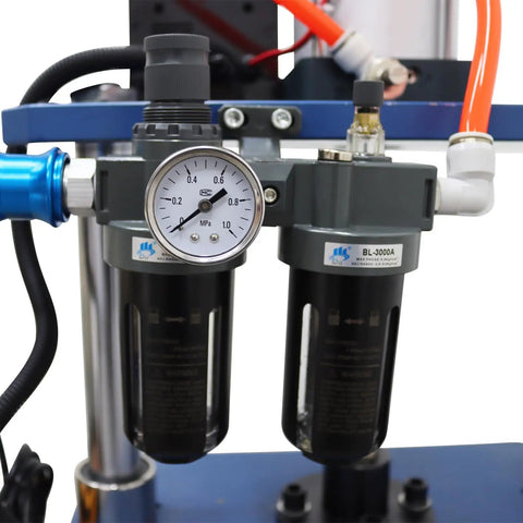 Built Like A Tank 1102 Pound Pneumatic Punch Press With Digital Display Controller showing gauge and filters for pneumatic system.