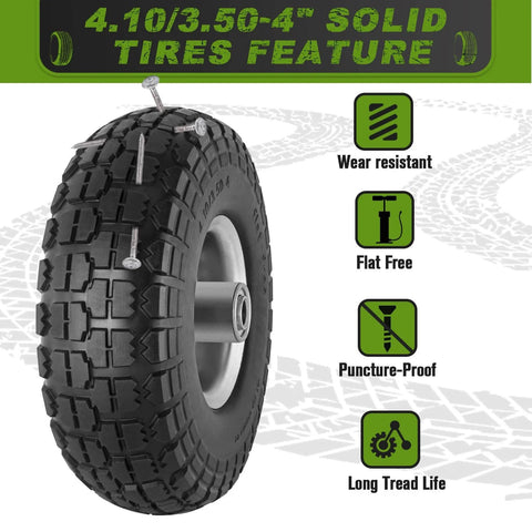Flat Free Ten Inch Rugged Solid Rubber Wheel Set With Five Eighth Axle Bore And Two Point Two Inch Hub Offset Four Pack