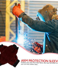 Heavy Duty Welding Arm Sleeves Featuring Flame Resistant Heat Burn Coverage And Flexible Elastic Fit Designed For Mechanics Welders And Tradesmen Demanding Badass Daily Protection in action while welding.