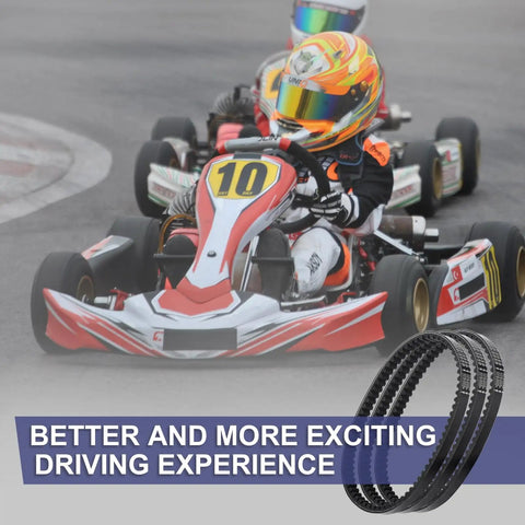 Young racer on go kart track with Three Pack Drive Belt Set for 30 Series Torque Converter Go Karts visible.