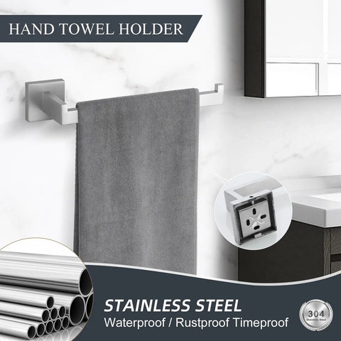 Brushed Stainless Steel 4 Piece Bathroom Hardware Set Wall Mounted With Towel Bar Towel Holder Robe Hook And Toilet Paper Holder Rust Resistant SUS304 Finish showing hand towel holder.