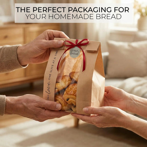 Clear Window Bread Bags For Homemade Bread Keep Sourdough Fresh For Days And Make Gifting Your Bakes A Breeze Eco Friendly Kraft Paper Packaging For Bakery Goods being handed over.