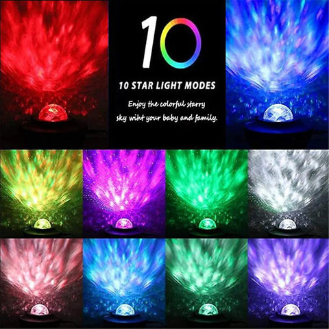 Starry Night Sky Projector For Bedroom With Ocean Wave Light displaying 10 colorful lighting modes and galaxy effects.