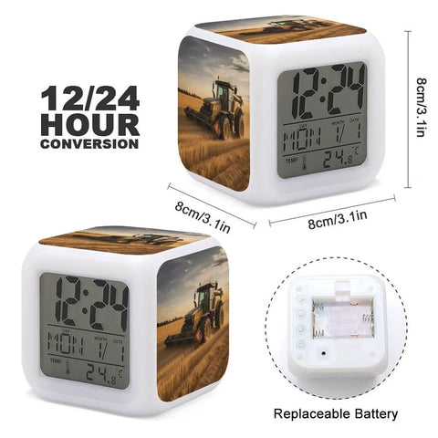 Cube-shaped Farm Tractor Alarm Clock with LED display, seven color night light, sleep training, sound machine, and OK to Wake feature.