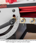 Close-up of Dual Axis Angle Drilling Guide With Adjustable Fence and Clamp, showing laser cut teeth for angle precision.