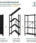 Four Tier Foldable Storage Shelves On Wheels With No Assembly, Pre Assembled Organizer Rack For Garage, Kitchen, Basement And Pantry, Ideal For Craft Fairs And Vendor Events, Black folded and open metal rack