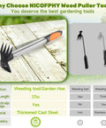 Two Pack 2 In One Weed Puller Tool Set 17 Inch Manual Weeding Rake And Garden Hoe with thickened cast steel head on wood surface